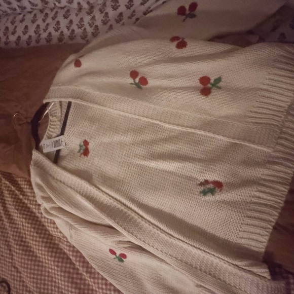 torrid Sweaters - torrid Cream Cardigan with Red Cherry Embroidery